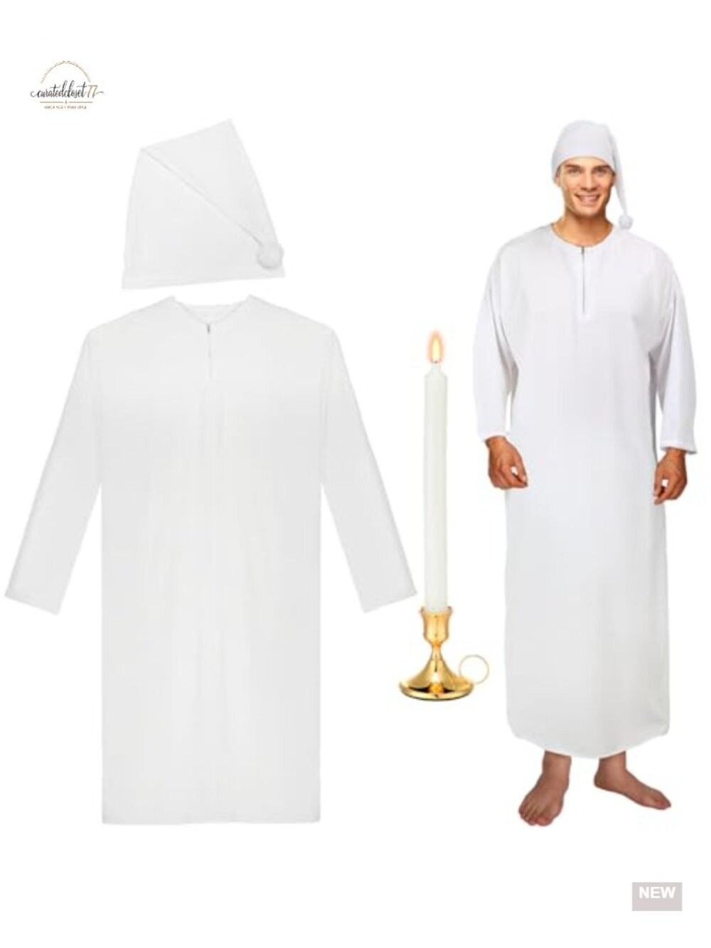 Funny Men's Nightgown Pajama Set with Cap & Candle Holder
